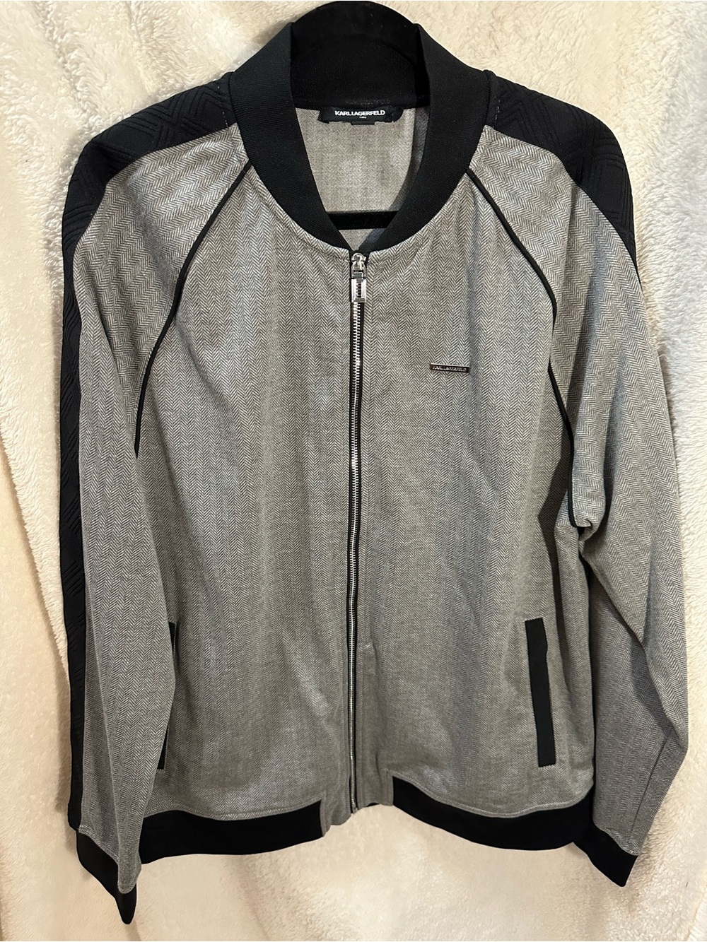 Karl Lagerfeld Gray and Black Zip-Up Bomber Sweater